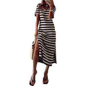 Women 2024 Casual Maxi Dress Short Sleeve V Neck Stripe Sundress